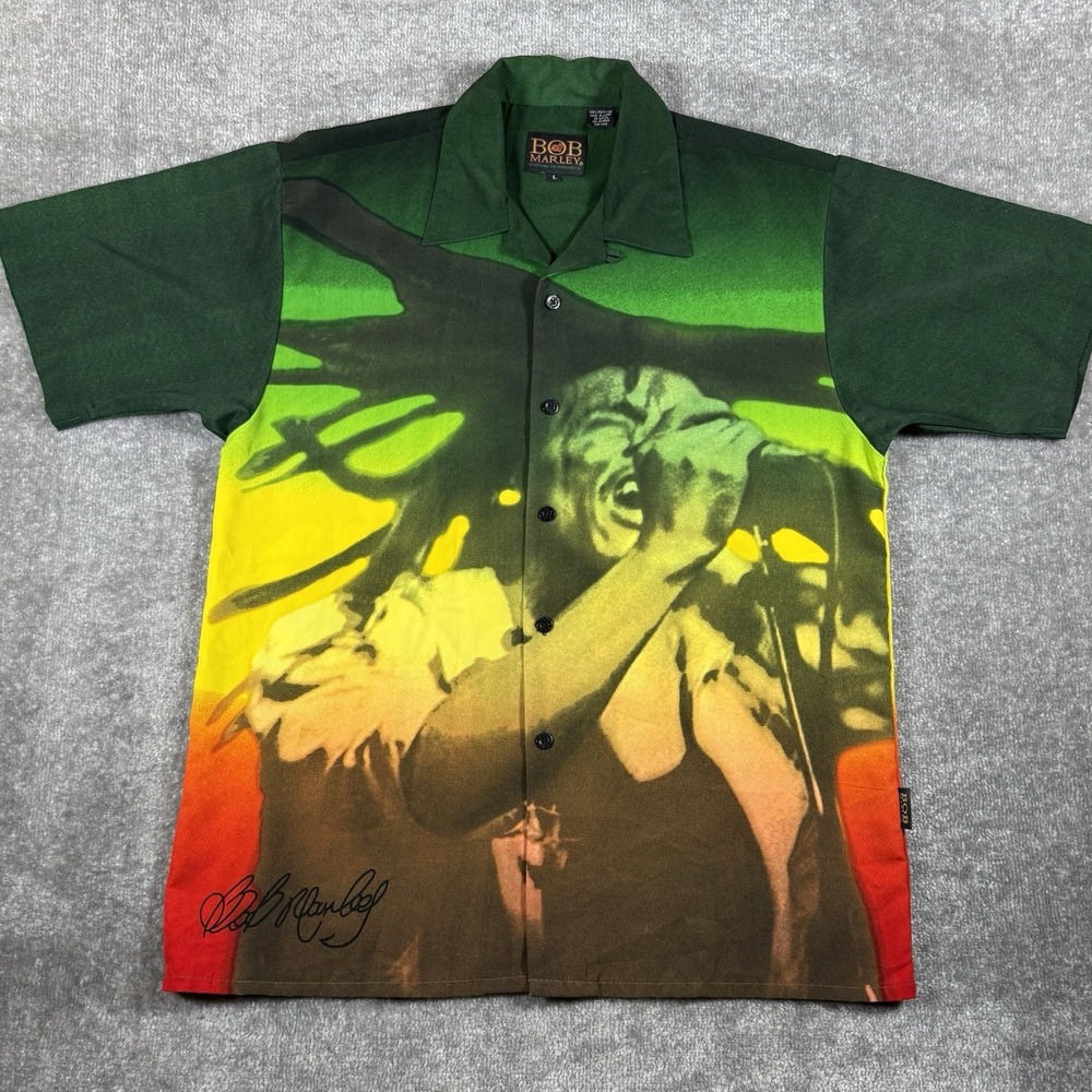 Bob Marley Shirt Men's Large Dragonfly Button Up Loop Collar Rasta Reggae